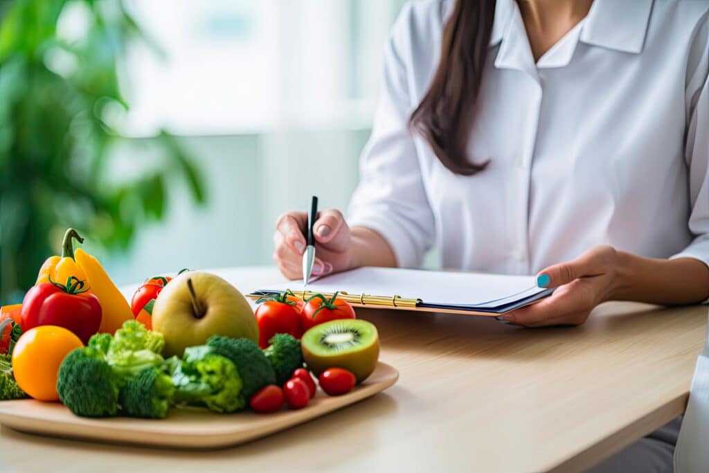 plate of fruits and vegetables on a table with a person holding a clipboard behind it