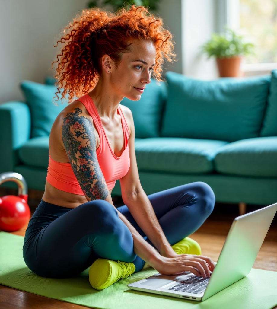 woman on computer sitting on yoga mat with kettlebell