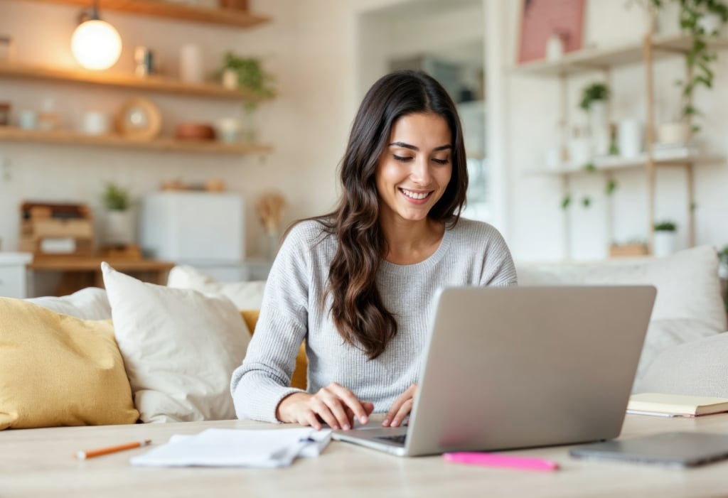 Woman studying health coaching continuing education on her laptop